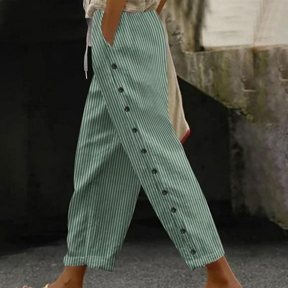OSFVNOXV Cotton Linen Pants for Women Striped Trouser Elastic Waist Straight Leg Pull-On Joggers with Buttons