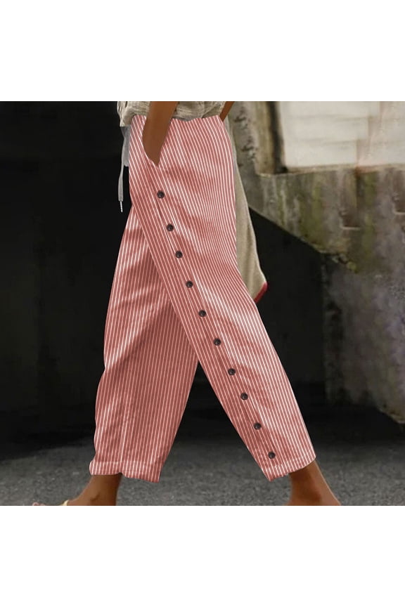 Cotton Linen Pants for Women Striped Trouser Elastic Waist Straight Leg Pull-On Joggers with Buttons