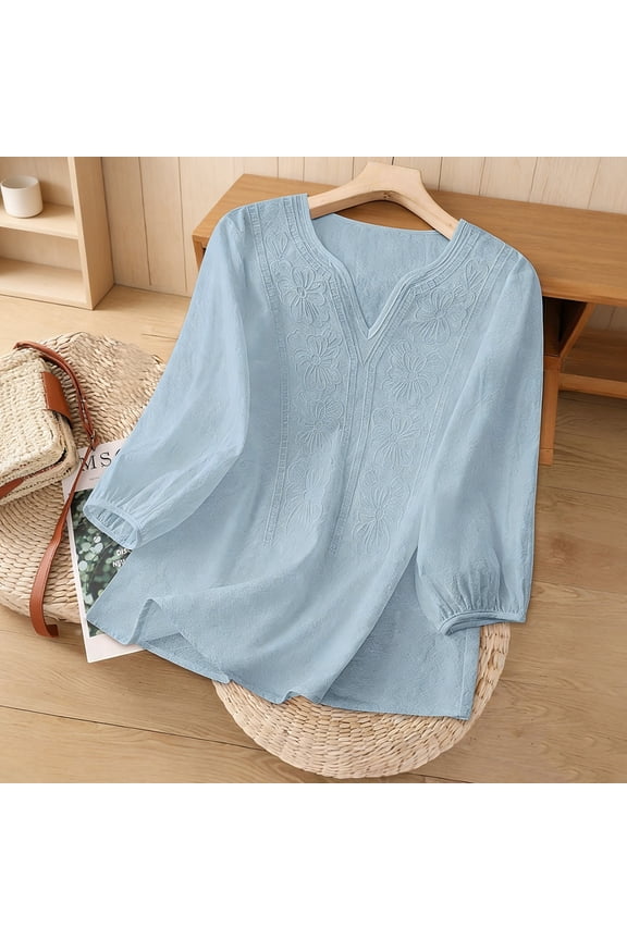 Cotton Linen Shirts for Women 3/4 Sleeves Embroidered V-Neck Solid Color Loose Fit Pullover Gauze Shirts