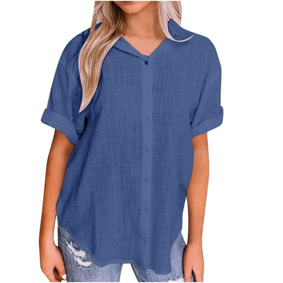 OSFVNOXV Cotton Linen Shirts for Women,Slim Fit Button Down Blouse,Summer Casual Short Sleeve V-Neck Lightweight Tops