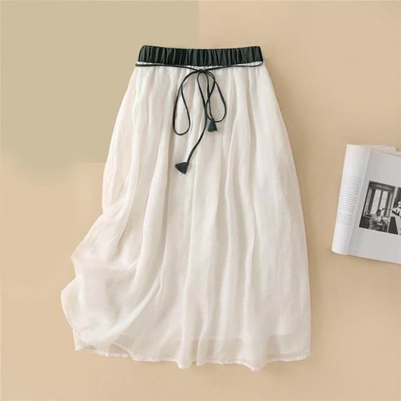 OSFVNOXV Cotton Linen Skirts for Women Summer Lightweight High Waist Ruffle Flowy Midi Long Beach Holiday Skirts