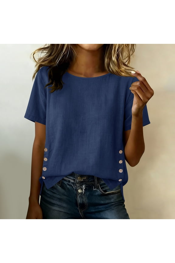 Cotton Linen Tops for Women Summer Basic T-Shirt Breathable with Buttons Hem Pullover Gauze Loungewear