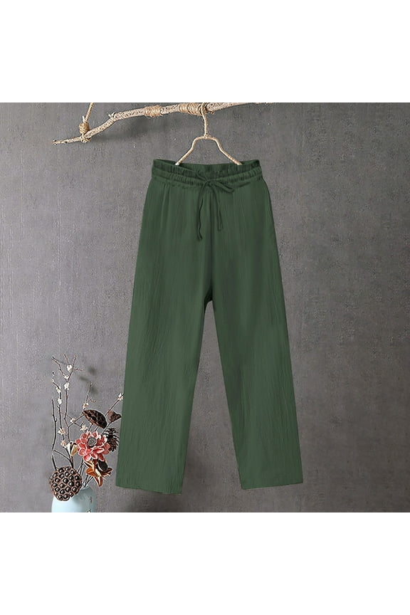 Cotton Linen Trouser for Women Plus Size Wide Leg Dress Work Pants Elastic Waist Straight Leg Pull-On Workout Bottom