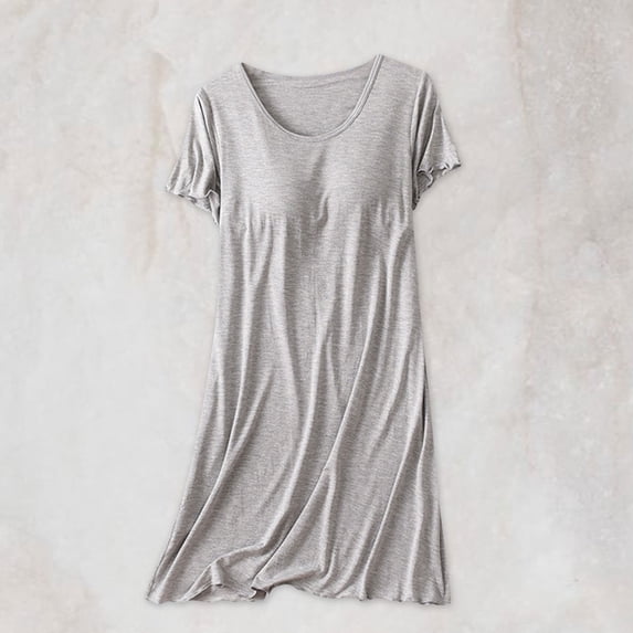 OSFVNOXV Cotton Nightgowns for Women Long Sleep Shirts with Built-In-Bra,Summer Loungewear Short Sleeve Crewneck Loose Fit Sleepwear