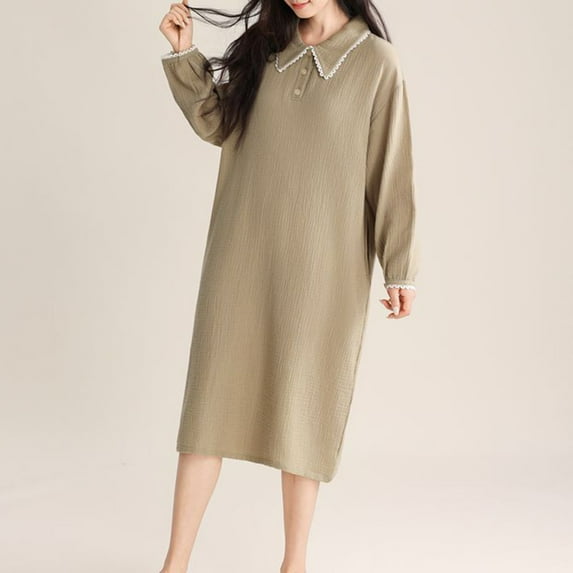 OSFVNOXV Cotton Nightgowns for Women Mid Calf Sleepshirts Long Sleeve Babydoll Crewneck Pullover Blouse
