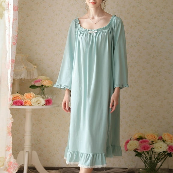 OSFVNOXV Cotton Nightgowns for Women Victorian Nightdress Ruched Crew Neck Loose Ruffle Sleepshirts with Sleeves