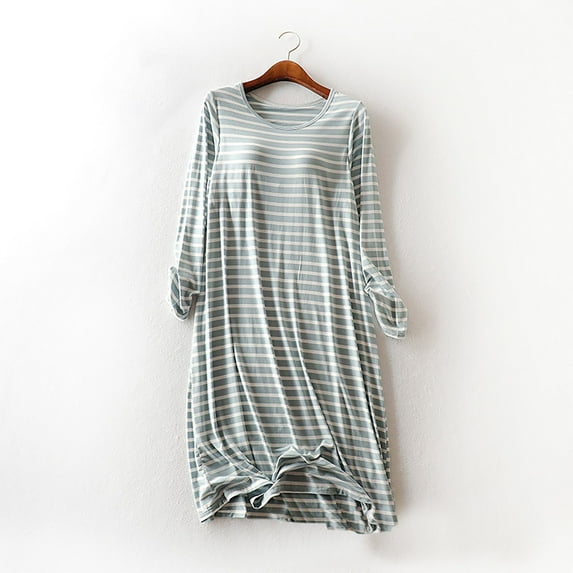 OSFVNOXV Cotton Nightgowns for Women with Built-In-Bra,Long Sleeve Sleepshirts Knee Length Crewneck Sleepwear for Winter