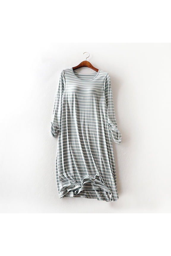 Cotton Nightgowns for Women with Built-In-Bra,Long Sleeve Sleepshirts Knee Length Crewneck Sleepwear for Winter