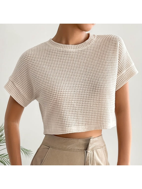 Crop Tops for Women Y2K Juniors T-Shirts Texture Ribbed Knit Loose Fit Pullover Summer Lightweight Beach Tops