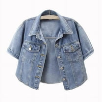 OSFVNOXV Cropped Jean Jackets for Women Short Sleeve Denim Jacket Summer Lightweight Shrugs Lapel Blouse with Pockets