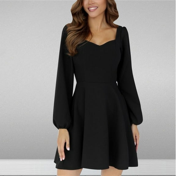 OSFVNOXV Cute Babydoll Dress for Petite Women Long Puff Sleeve V-Neck Bodycon Ruffle Swing Mini Dress