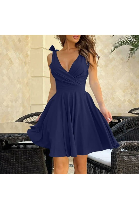 Cute Dress for Petite Women Bow Tie Babydoll Mini Dress Ruched V-Neck Birthday Wedding Guest Dress