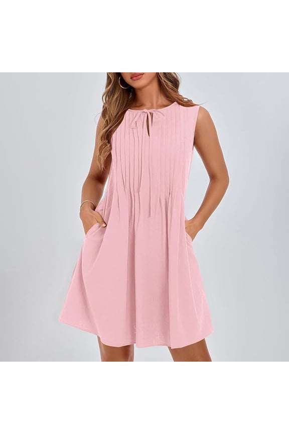 Cute Dresses for Petite Women Summer Pleated Bow Tie Front Mini Dress Sleeveless Cotton Linen Dress Birthday Gifts for Junior Girls 14-16