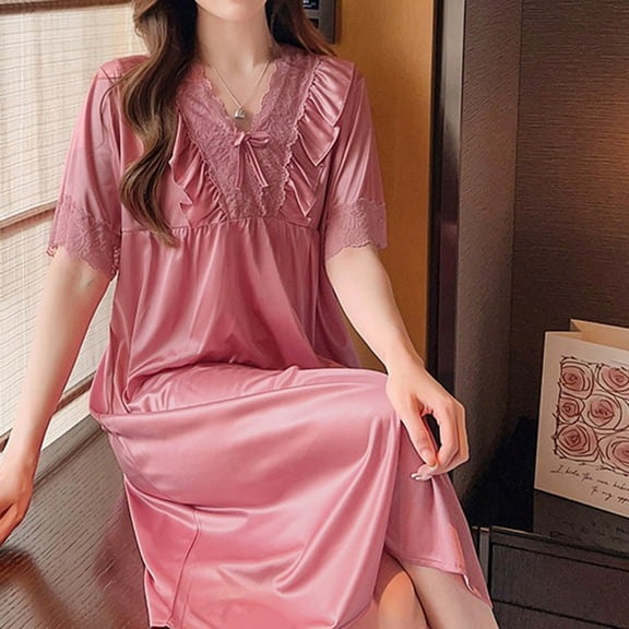 OSFVNOXV Cute Nightgowns for Teens Long Sleepshirt Lace V-Neck Ruched Bow Tie Pleated Silky Midi Nightdress Sleepwear