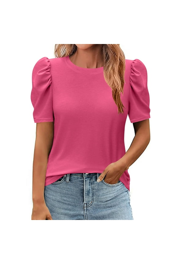 Cute Tops for Juniors Dressy Puff Sleeves Shirt Spring Summer Casual Crewneck Pullover Tunic Shirts