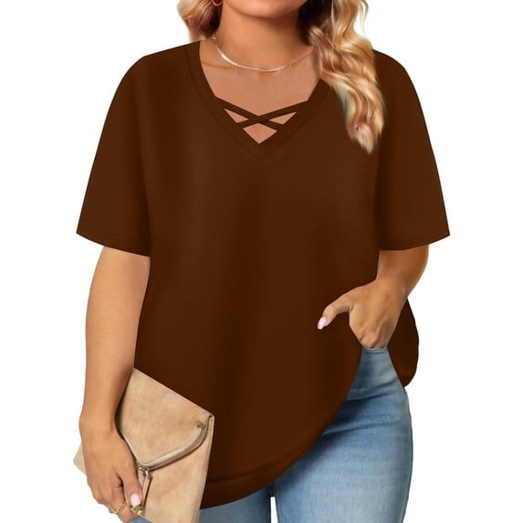 OSFVNOXV Cute Tops for Women Summer 2025 Cross V-Neck Oversized T-Shirts Short Sleeve Ruffle Flowy Pullover Tops ,XL-5XL
