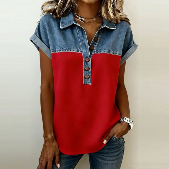 OSFVNOXV Denim Collar Tops for Women Summer Cowgirl Outfits Vintage Western Golf Shirts Buttons Up Collared Blouse