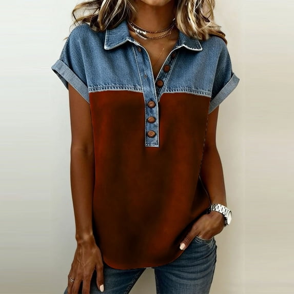 OSFVNOXV Denim Collar Tops for Women Summer Cowgirl Outfits Vintage Western Golf Shirts Buttons Up Collared Blouse