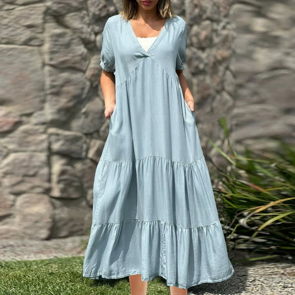 OSFVNOXV Denim Look Dress for Women Plus Size Summer Boho Loose Tiered Maxi Dress Casual V-Neck Flowy A-Line Tunic Shirt Dress,S-5XL