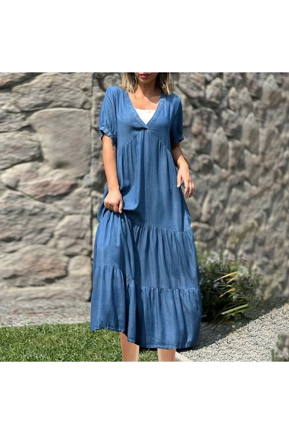 Denim Look Dress for Women Plus Size Summer Boho Loose Tiered Maxi Dress Casual V-Neck Flowy A-Line Tunic Shirt Dress,S-5XL