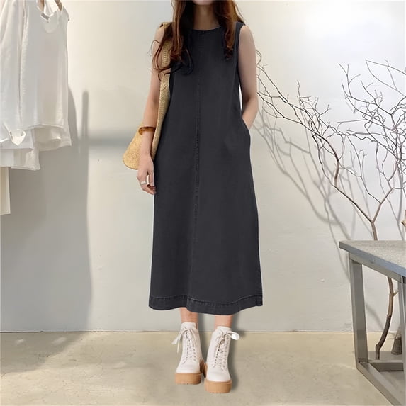 OSFVNOXV Denim Dress for Womens Sleeveless Jeans Maxi Dress Vintage Casual Loose Tank Dress with Pockets 2026 Summer