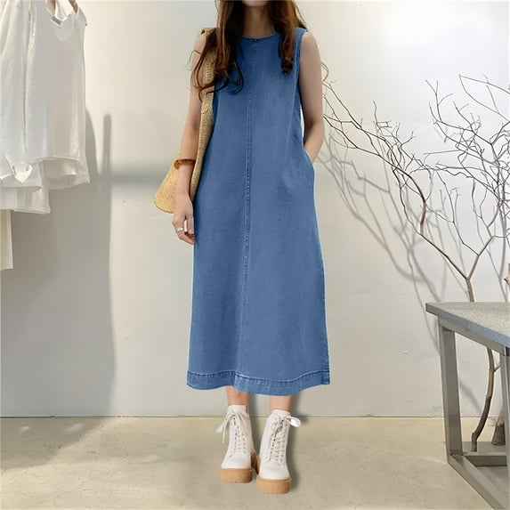 OSFVNOXV Denim Dress for Womens Sleeveless Jeans Maxi Dress Vintage Casual Loose Tank Dress with Pockets 2025 Summer
