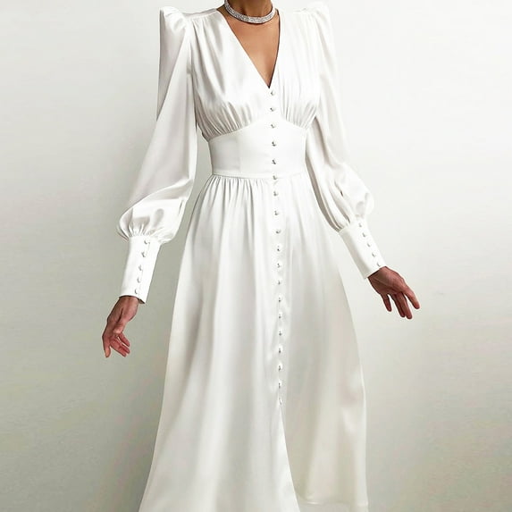 OSFVNOXV Evening Dress for Women Vintage Wedding Guest Maxi Dress V-Neck Corset Flowy Satin Dress for Prom Cocktail Party