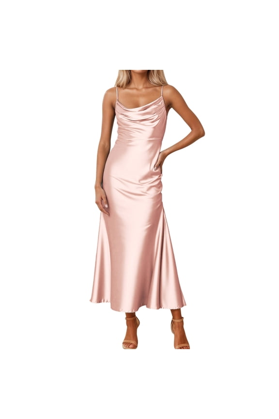 Fall Satin Dress for Women Spaghetti Strap Cowl Neck Backless Midi Dresses Tie Low Back Ruched Cocktail Dress