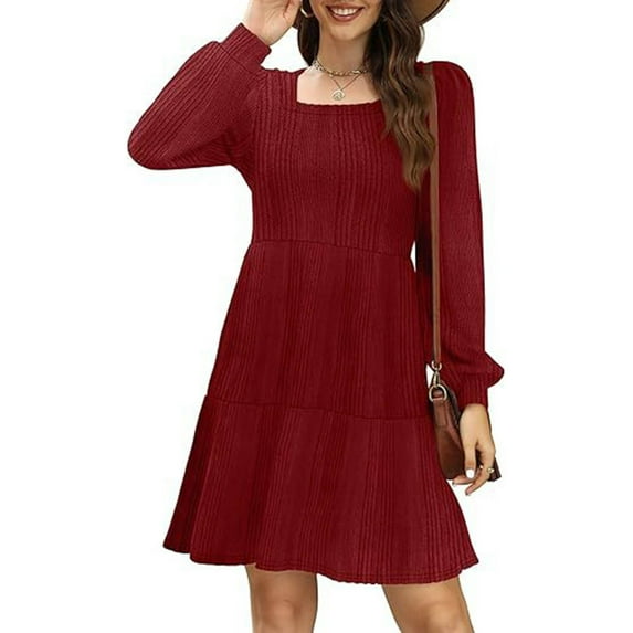 OSFVNOXV Fall Wedding Guest Dress for Women Textured Ribbed Knit Top Long Sleeve Crew Neck Mini Dress with Pockets