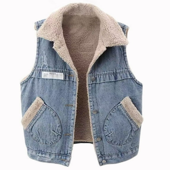 OSFVNOXV Fleece Denim Vests for Women Winter Sleeveless Jackets Thicken Lined Waistcoat Cropped Jean Cardigans with Pockets