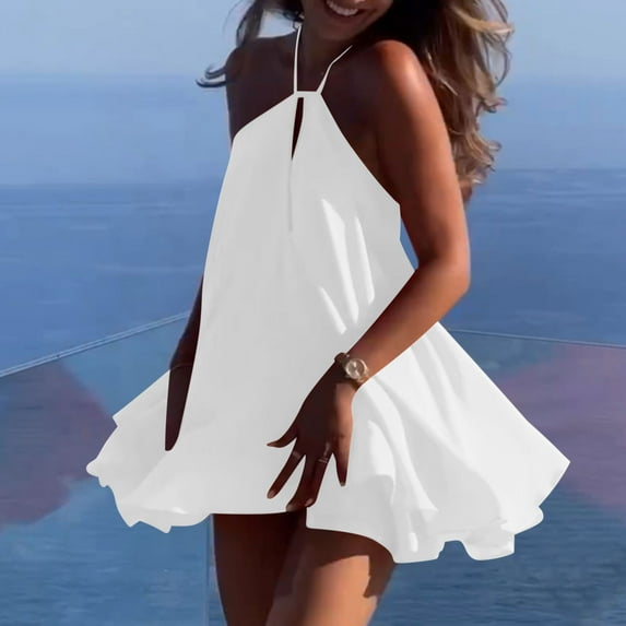 OSFVNOXV Flowy Mini Dress for Petite Women Backless Halter Mini Dress Bow Tie Cutout V-Neck Bodycon Short Tunic Dress