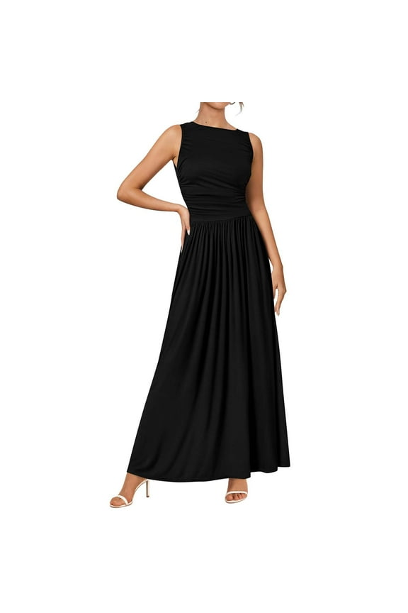 Formal Dresses for Women Sleeveless Casual Summer Maxi Dress High Waisted Boat Neck Floor Length Wedding Guest Dress