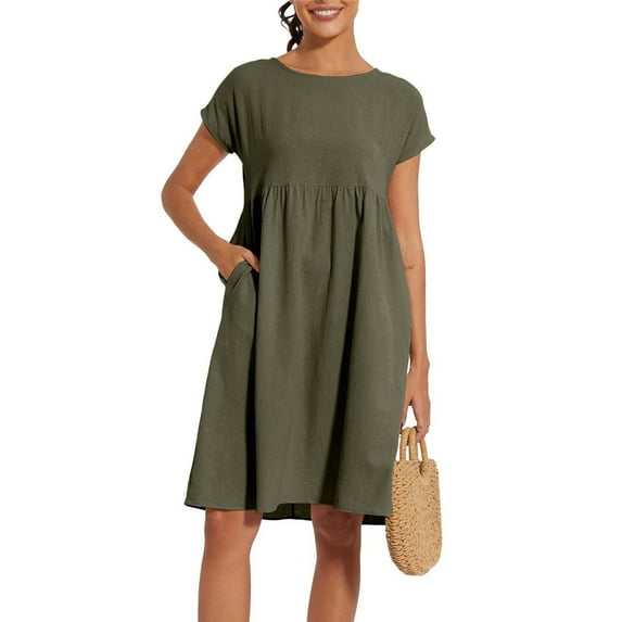 OSFVNOXV Green Cotton Linen Dress for Women Plus Size Summer Boho Midi Dress Loose Pleated Ruffle Flowy Sleepwear Shirt Nightgown Dress ,S-5XL