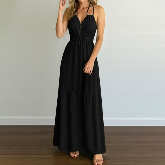OSFVNOXV Halter Dresses for Women Floor Length Beach Sundresses,Summer 2025 High Waisted Bodycon Wedding Guest Dress
