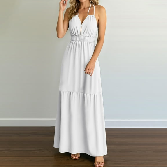 OSFVNOXV Halter Dresses for Women Floor Length Beach Sundresses,Summer 2025 High Waisted Bodycon Wedding Guest Dress