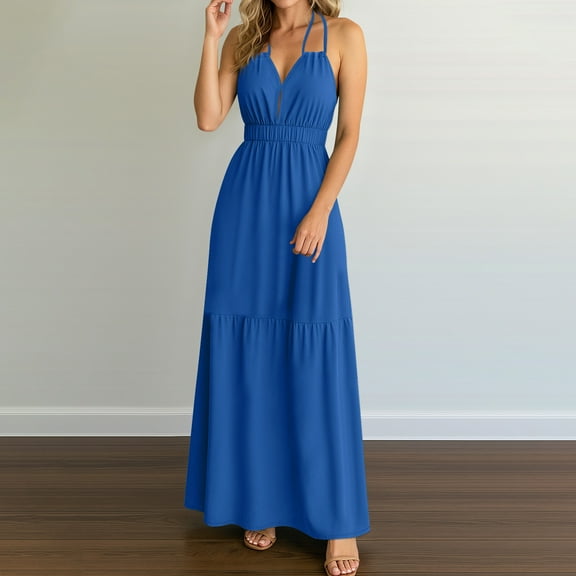OSFVNOXV Halter Dresses for Women Floor Length Beach Sundresses,Summer 2025 High Waisted Bodycon Wedding Guest Dress