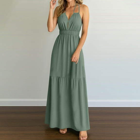 OSFVNOXV Halter Dresses for Women Floor Length Beach Sundresses,Summer 2025 High Waisted Bodycon Wedding Guest Dress