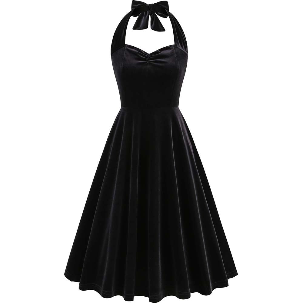 OSFVNOXV Halter Velvet Dress for Women Retro 1960s Dress Sleeveless High Waist Bodycon A-Line Swing Mini Dress for Prom Gown Party