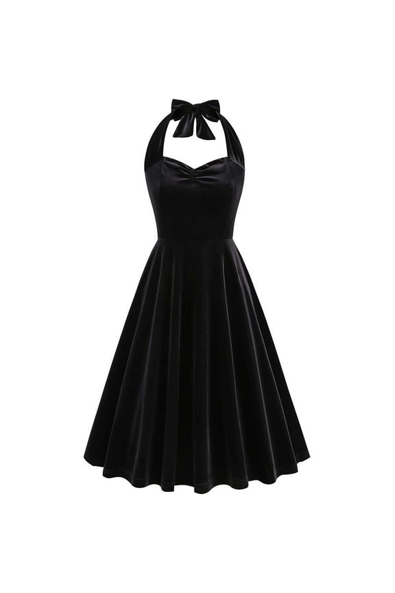 Halter Velvet Dress for Women Retro 1960s Dress Sleeveless High Waist Bodycon A-Line Swing Mini Dress for Prom Gown Party