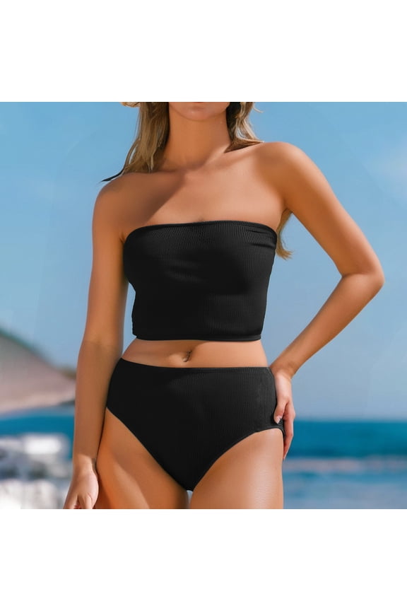 High Waisted Swimsuits for Women 2-Piece Bathing Suit Strapless Bandeau Tankini Top Seamless Longline Bra and Hipster Swimwear Bottom
