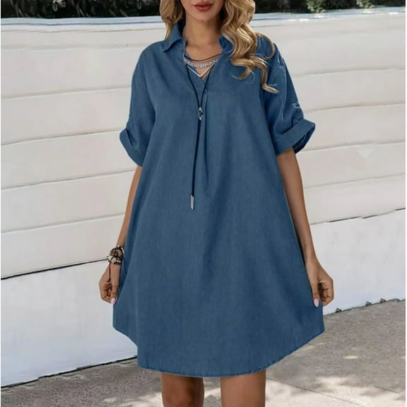 OSFVNOXV Jean Dress for Women Summer Denim Mini Dress Casual V-Neck Short Sleeve Lapel Blouse Loose Fit Swing Flowy Shift Beach Sundress
