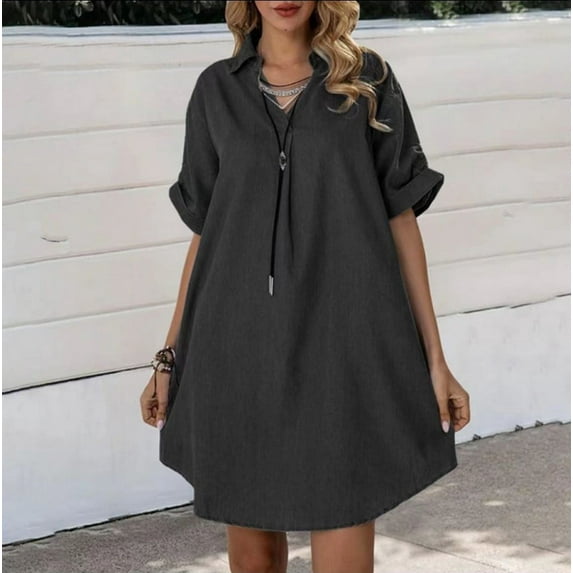 OSFVNOXV Jean Dress for Women Summer Denim Mini Dress Casual V-Neck Short Sleeve Lapel Blouse Loose Fit Swing Flowy Shift Beach Sundress