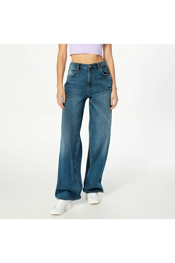 Jeans for Juniors Casual Barrel-Leg Denim Pants Loose Fit Boyfriend Trouser with Button Pockets