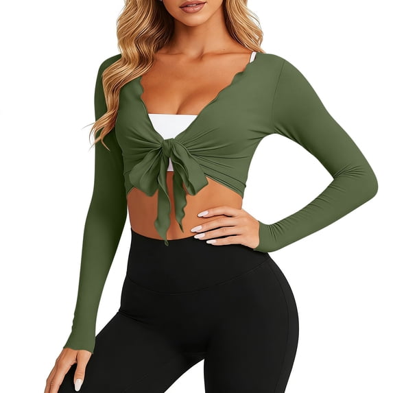 OSFVNOXV Juniors Crop Tops Lightweight Tie Front Ballet Ruffle Bolero Shrugs Long Sleeve Breathable Yoga Layering Workout Cardigan