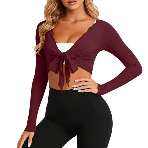 OSFVNOXV Juniors Crop Tops Lightweight Tie Front Ballet Ruffle Bolero Shrugs Long Sleeve Breathable Yoga Layering Workout Cardigan