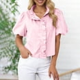 thumbnail image 1 of OSFVNOXV Juniors Cute Tops for Petite Women Y2K Puff Sleeve Crop Top Vintage Striped Shirts Button Down Short Sleeve Ruffle Blouse, 1 of 7