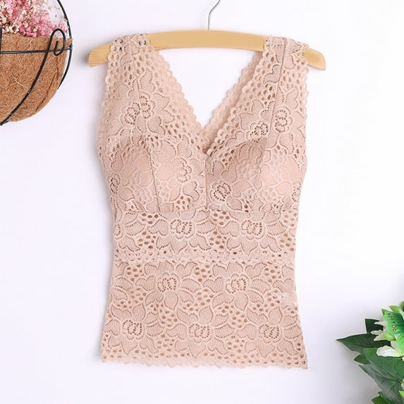 OSFVNOXV Lace Camisoles for Women with Built-In-Bra No Wires Floral Soft Padded Sleeveless Tank Deep V-Neck Pullover Corset Tops