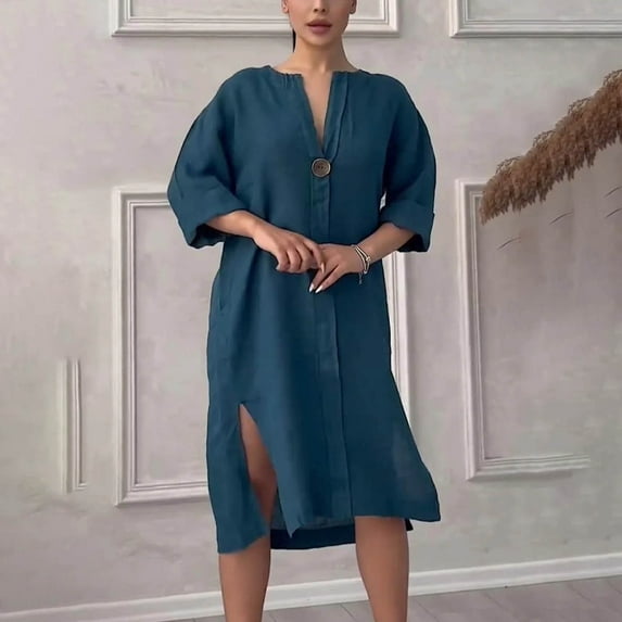 OSFVNOXV Linen Dress Women Plus Size Midi Length Button Down Shirt Dress Summer Casual Lightweight Shift Knee Length Dress ,S-5XL