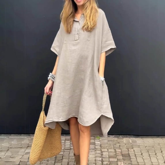 OSFVNOXV Linen Dresses for Women 2026 Oversized Midi Dress Loose Fit Half Sleeve Button Up Flowy Swing Tunic Sundress with Pockets Clearance,S-5XL