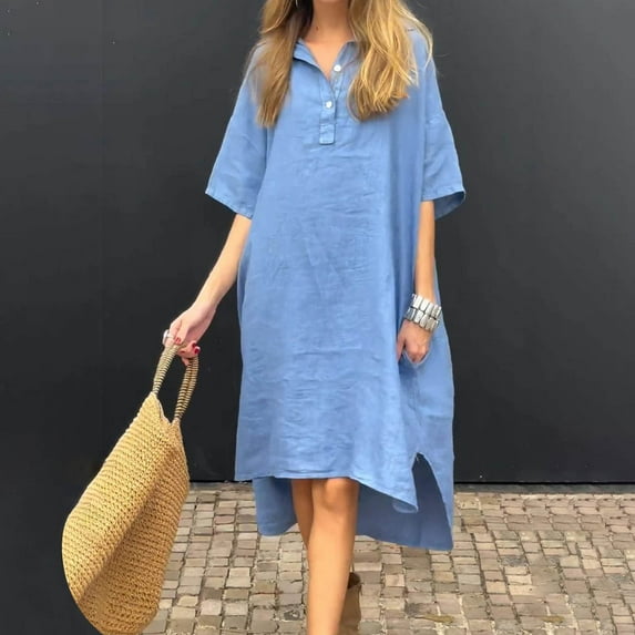 OSFVNOXV Linen Dresses for Women 2025 Oversized Midi Dress Loose Fit Half Sleeve Button Up Flowy Swing Tunic Sundress with Pockets ,S-5XL